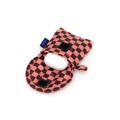 Puffy Earbuds Case - Pink Brown Check