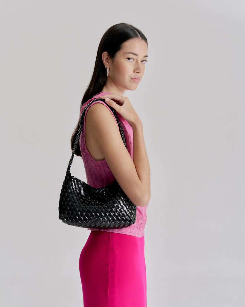 Luca Woven Shoulder Bag - Black Gloss