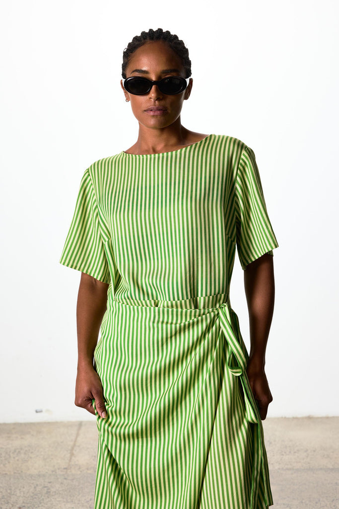 Jill Dress - Cream & Green Stripe