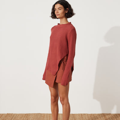 Paper Plane - Zulu & Zephyr - Clay Knit Jumper - Asymmetric hemline, side split - Clay Red