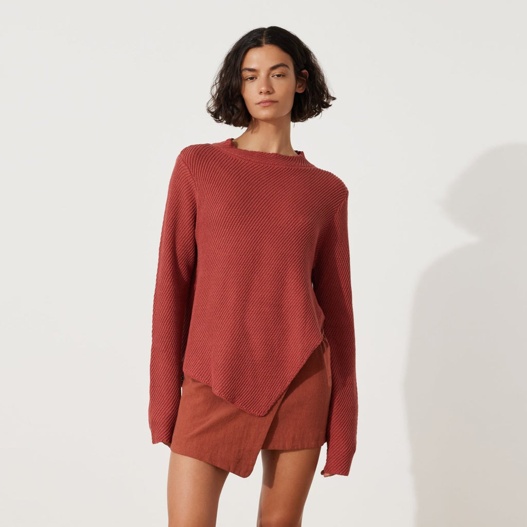 Paper Plane - Zulu & Zephyr - Clay Knit Jumper - Asymmetric hemline, side split - Clay Red