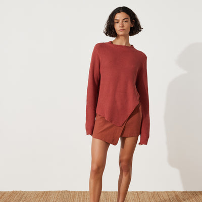 Paper Plane - Zulu & Zephyr - Wrap Skirt - Asymmetric Hem & tie Side - Clay Red - worn with Clay Knit Jumper