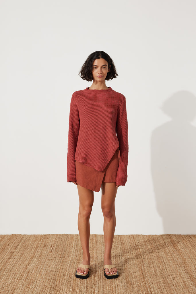 Paper Plane - Zulu & Zephyr - Clay Knit Jumper - Asymmetric hemline, side split - Clay Red