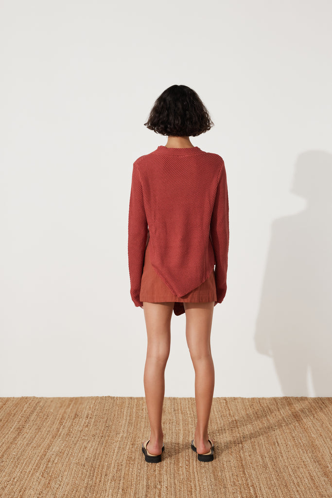 Paper Plane - Zulu & Zephyr - Clay Knit Jumper - Asymmetric hemline, side split - Clay Red