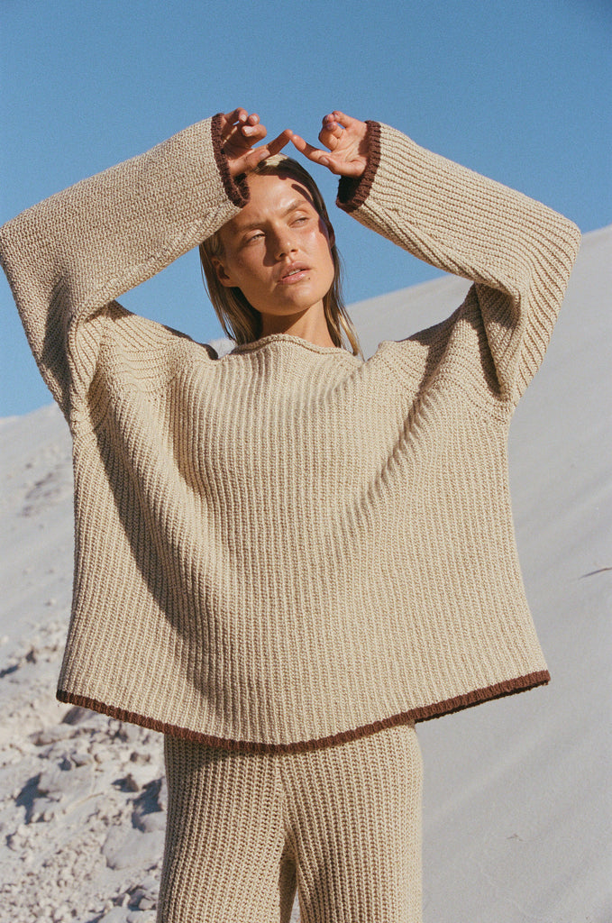 Paper Plane - Zulu & Zephyr - Sand Rib Knit Jumper - Brown Contrast Hem & Cuffs