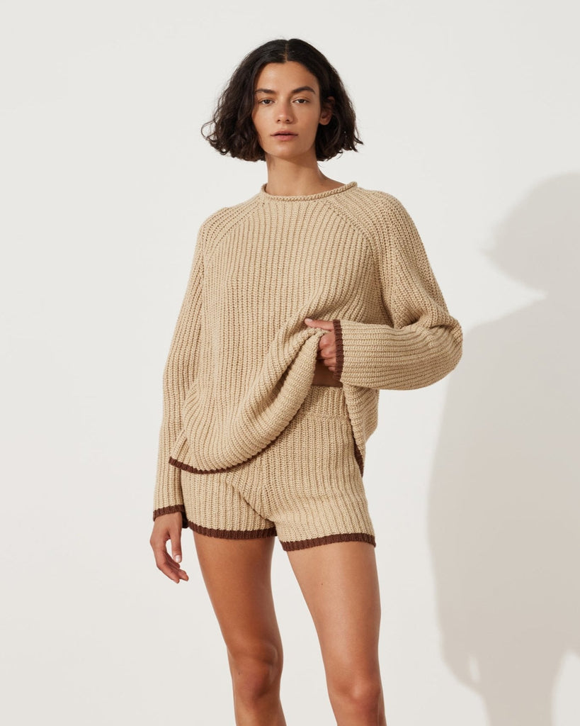 Paper Plane - Zulu & Zephyr - Sand Rib Knit Shorts - Brown Contrast Hem - worn with matching jumper