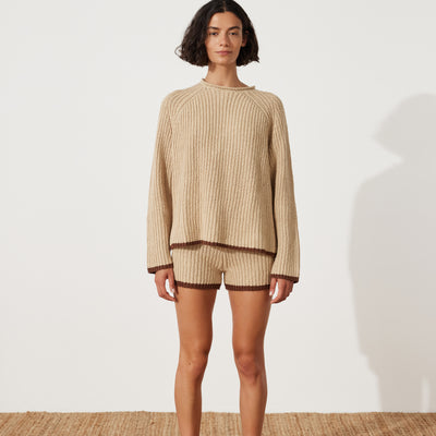 Paper Plane - Zulu & Zephyr - Sand Rib Knit Shorts - Brown Contrast Hem - worn with matching jumper