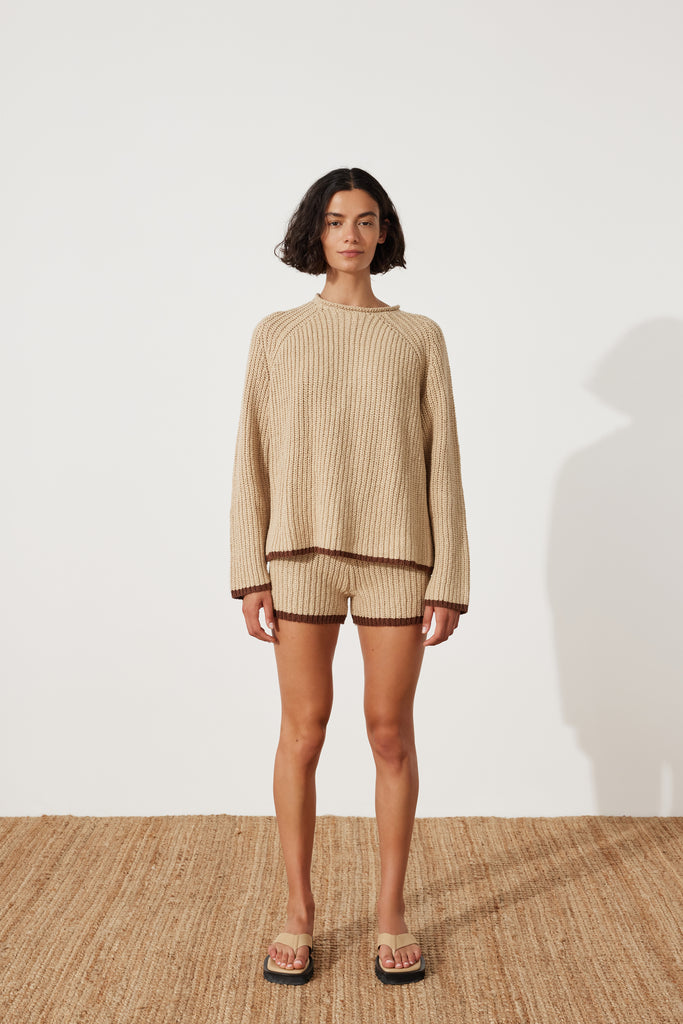 Paper Plane - Zulu & Zephyr - Sand Rib Knit Shorts - Brown Contrast Hem - worn with matching jumper