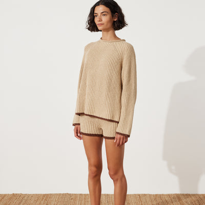 Paper Plane - Zulu & Zephyr - Sand Rib Knit Shorts - Brown Contrast Hem - worn with matching jumper