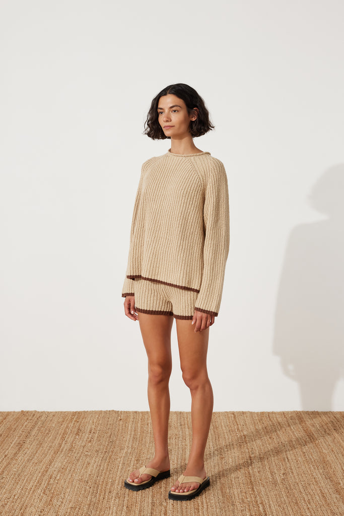 Paper Plane - Zulu & Zephyr - Sand Rib Knit Shorts - Brown Contrast Hem - worn with matching jumper