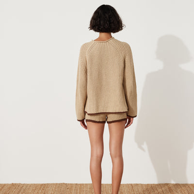 Paper Plane - Zulu & Zephyr - Sand Rib Knit Shorts - Brown Contrast Hem - worn with matching jumper